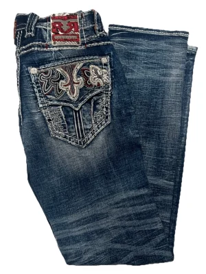 Mens Rock Revival Jean BENJEY Straight Leg Blue Wash White Red Stitch NWT